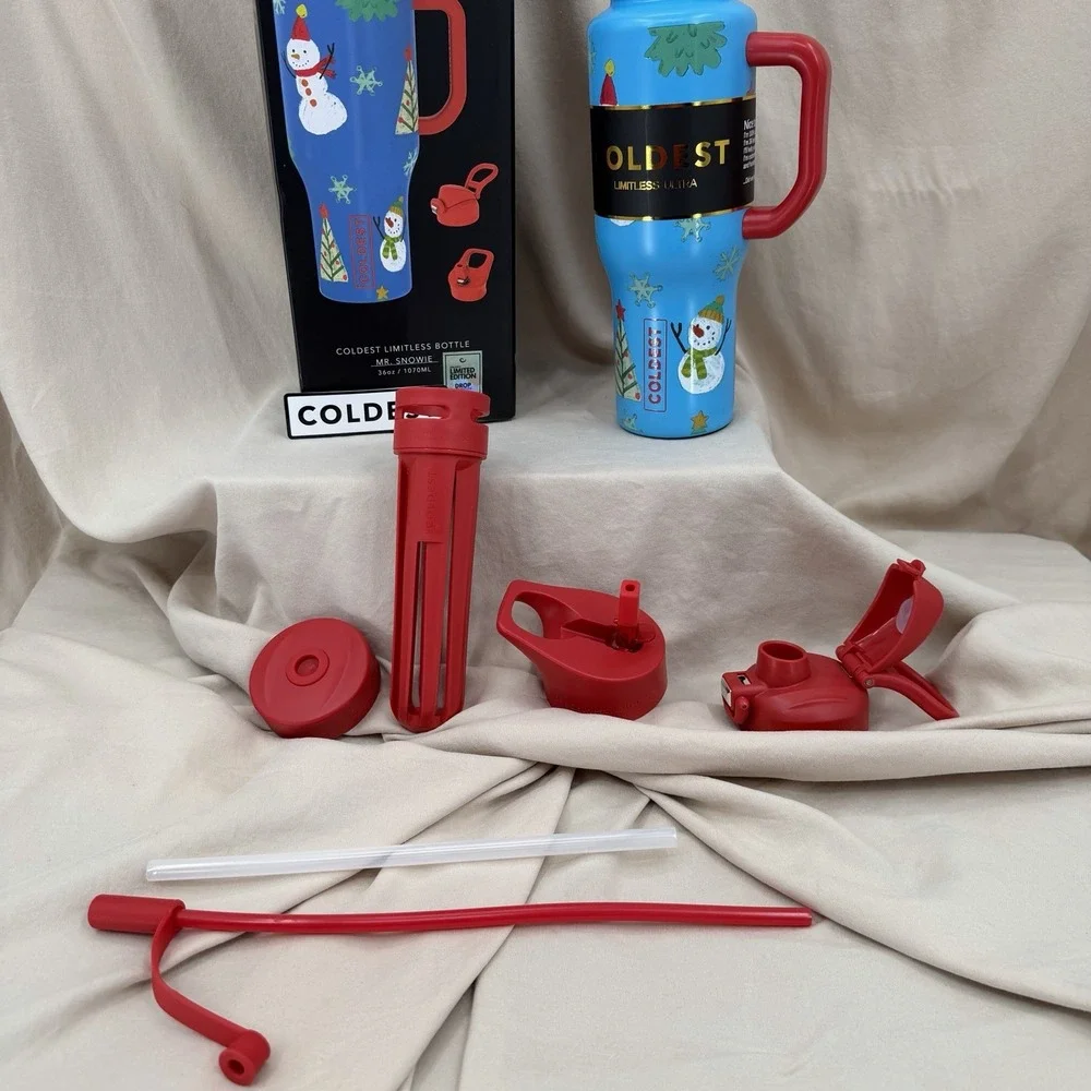 Coldest Limitless Ultra Bottle Mr. Snowie‎ 36 oz Tumbler Blue Red Winter 3 Lids - Picture 6 of 8
